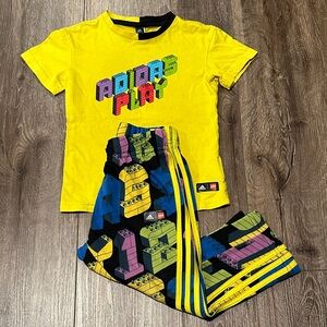 adidas Yellow Graphic Tee with Multicolor Brick-Print Pants Size: 2-3Y